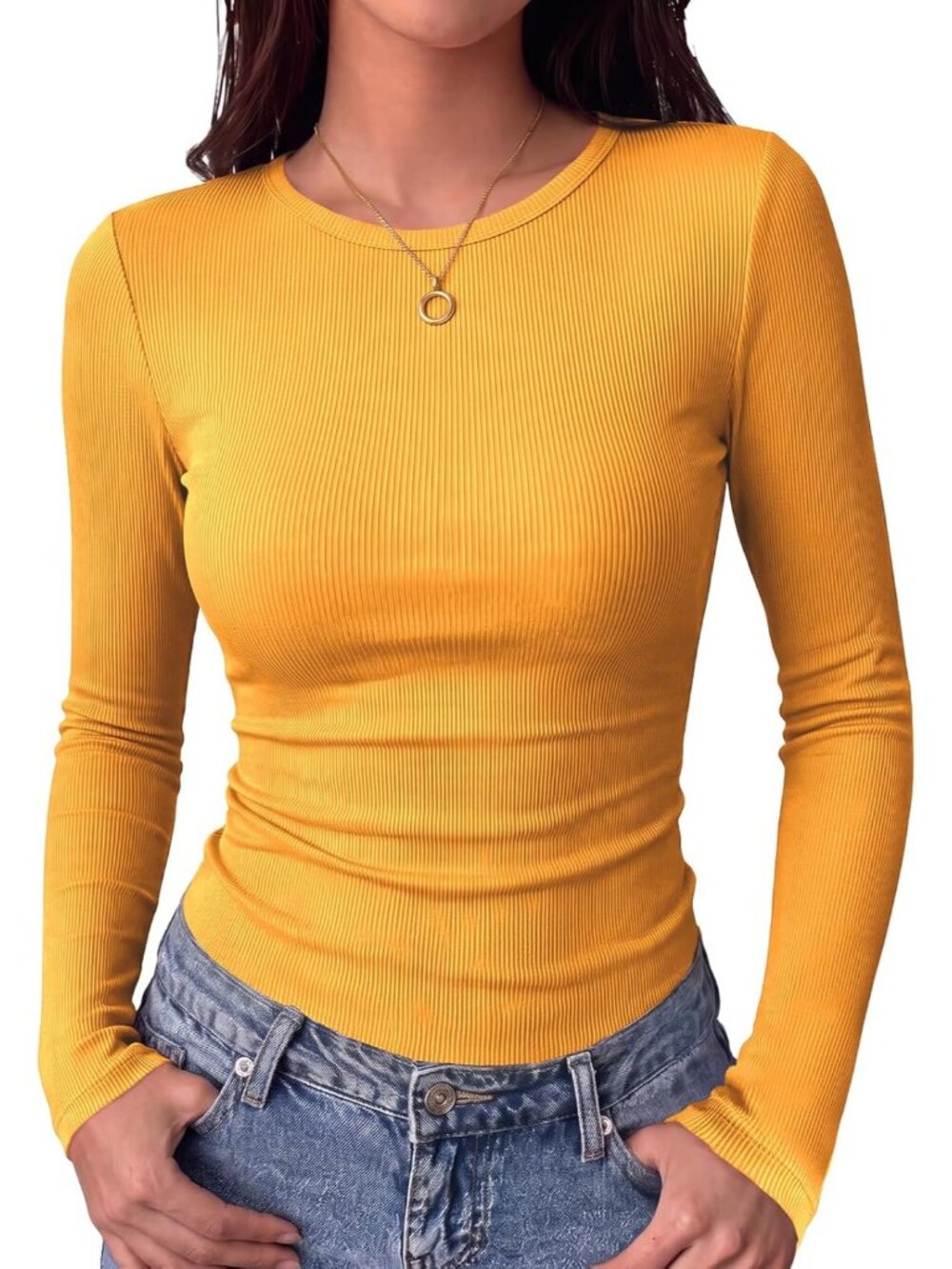 Women's Yellow Ribbed Knit Basic Crewneck Long Sleeve Slim Fit Trendy T-Shirt